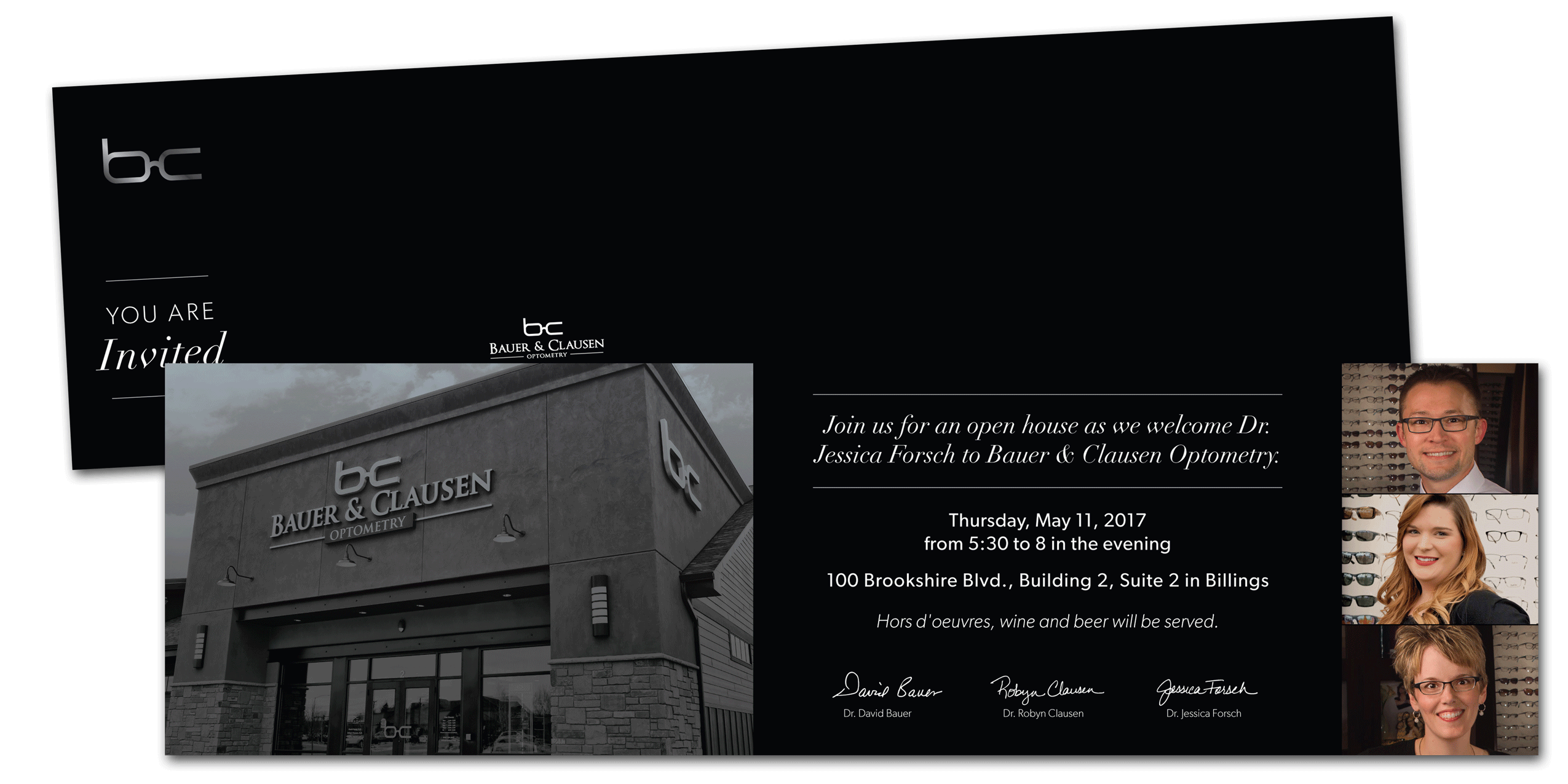 Gate-folded VIP open house invitation for Bauer & Clausen Optometry, Billings, MT